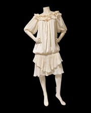 VTG Damianou Beige Dress On Or Off Shoulder MINI Ruffles Tiered Fancy Flouncy M