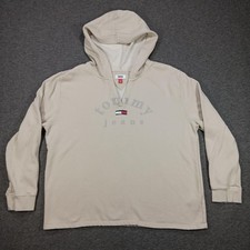 Tommy Jeans Sweatshirt Mens XL Beige Hooded Pullover Fleece Flag Logo Hoodie