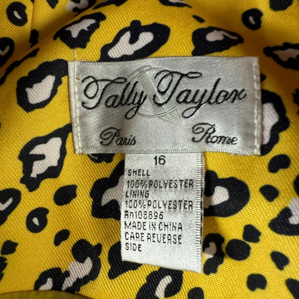 Blazer ecléctico Tally Taylor negro amarillo para mujer talla 16 estampado animal mafia esposa Foto 4 de 4