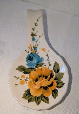 The Pioneer Woman Rose Shadow Kitchen Spoon Rest Scalloped Blue & Gold Floral 