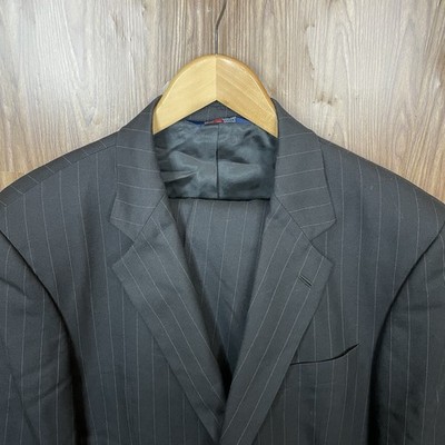 Stafford 2 Piece Suit Mens 42L 36x32 Black Striped 100% Wool Two Buttons Pants