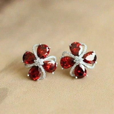 Pear Cut Simulated Red Garnet Women's Flower Stud Earrings 14K White Gold Plated