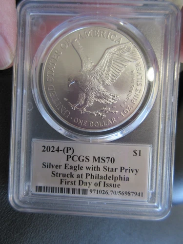 2024-P Silver Eagle With Star Privy PCGS MS70 First Day Issue David Hall Signed