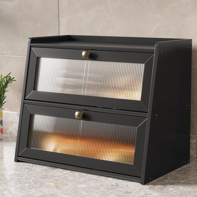 Double Layer Large Bamboo Bread Box for Kitchen Counter, Wooden Large Capacit...