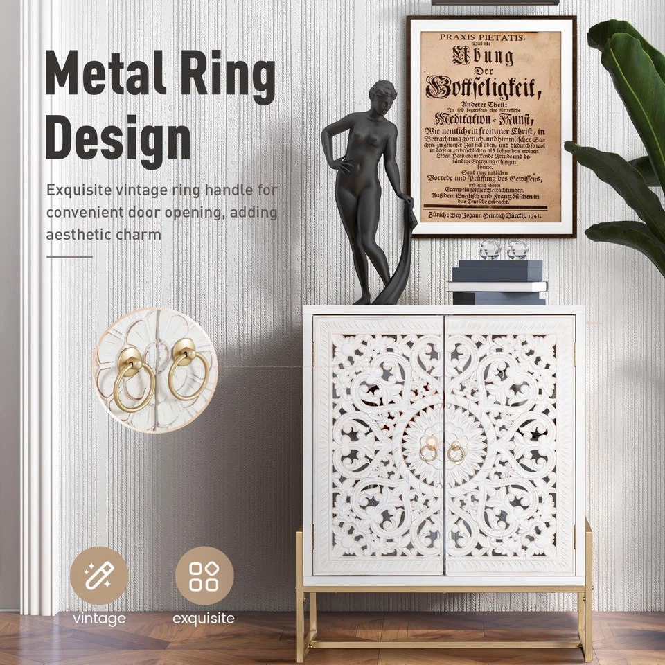 Armario de acento con 2 puertas calado tallado armario de almacenamiento aparador buffet blanco Foto 4 de 4