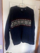 Vintage Gap Shetland Wool Sweater Men Large Navy Blue Fair Isle V Neck Fisherman
