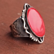 Heavy Vintage Mexico 925 Sterling Silver Red Coral Ring Size 8 Large Statement