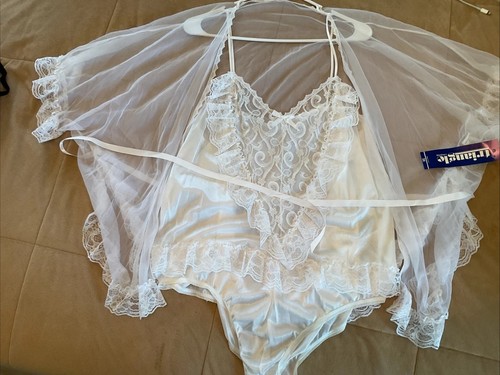 Vtg 80s NWT Nylon Teddy Chiffon Robe Set Lingerie 3x White Bridal Ruffles NOS