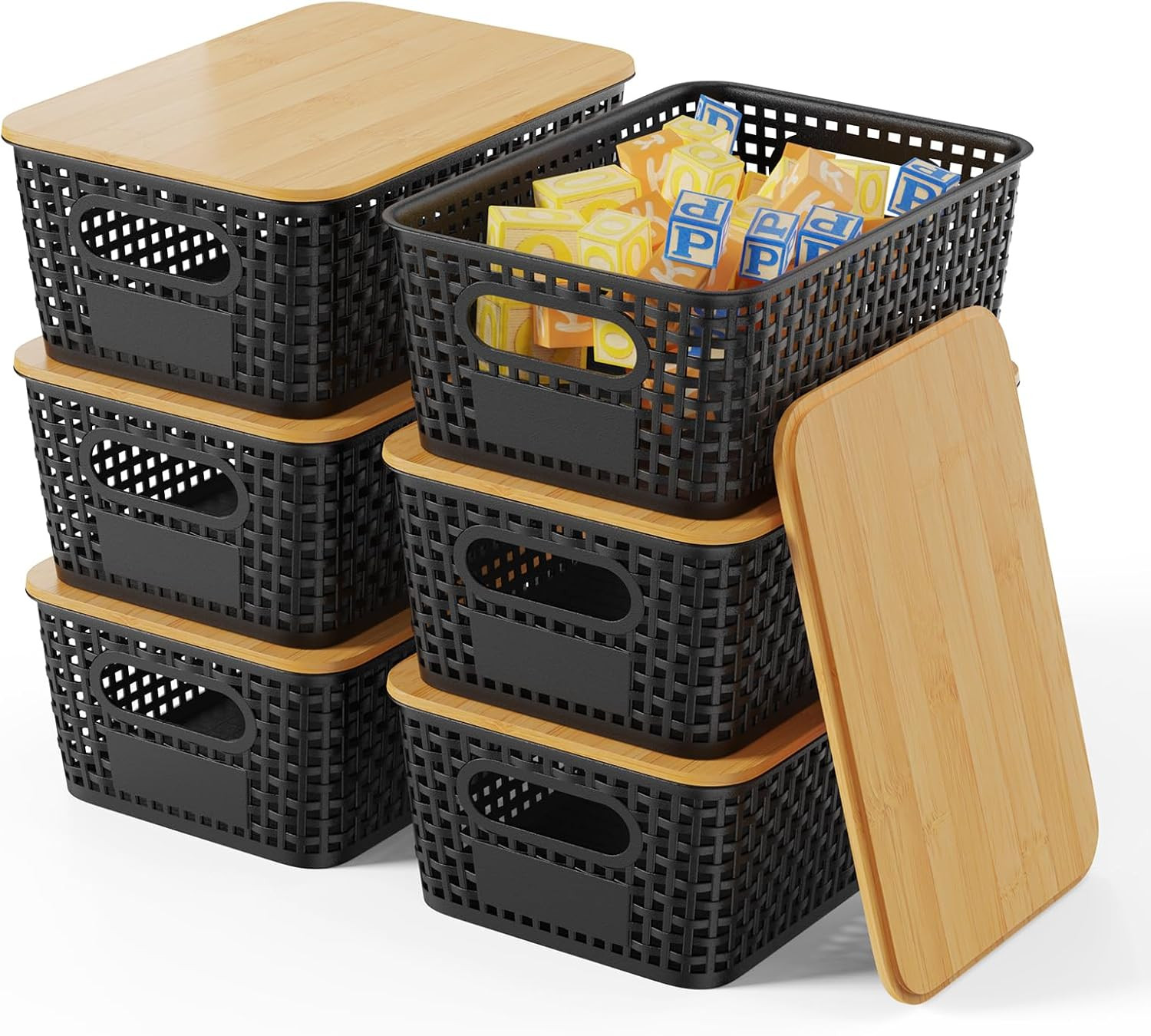 Set 6 Scatole Portaoggetti 5L con Coperchio in Bambù | Organizer Casa
