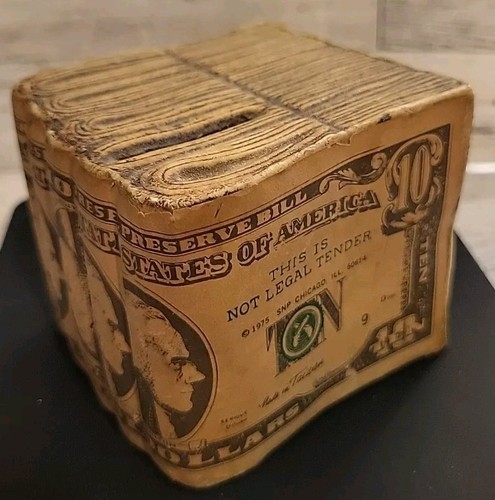 70er Jahre Keramik 10 Dollar Scheine gestapelt und gefaltet - Sparschwein 3" - Vintage