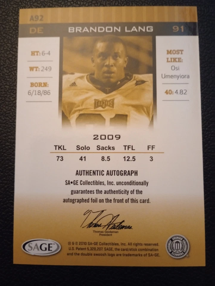 2010 Hit Brandon Lang AUTOGRAPH Troy - Image 2 of 2