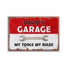 Davids Garage Sign Personalized Rustic Red OVER White METAL SIGN or DECAL