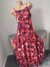 Nine West Tiered Maxi Dress M Medium Geometric Print Red Pink