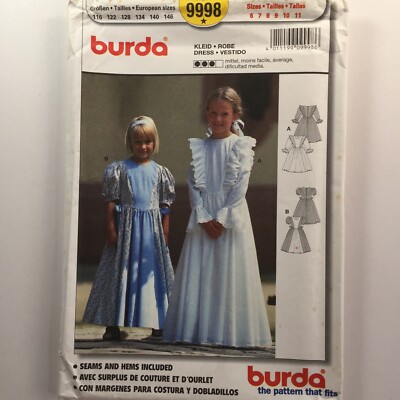 Burda 9998 Retro Vintage Style Kleid Rüschen Lang Mädchen Kind Neu Ungeschnitten Muster