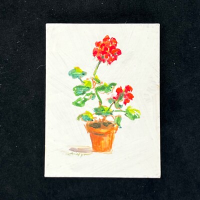 1977 Miniature Still Life Flower in Pot Signed Watercolor Signed Evelyn Smith 2''