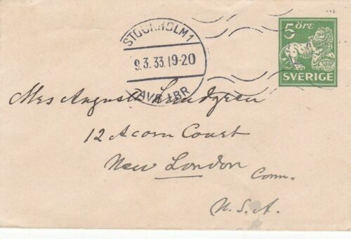 Sweden 1933 Stockholm to New London USA 5ore postal Stationary cover VGC - Picture 1 of 1