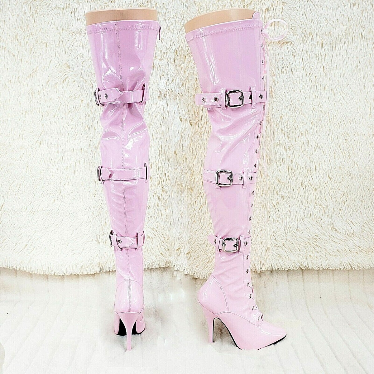 Seduce 3028 Baby Pink Lace Up Thigh High Boots 5