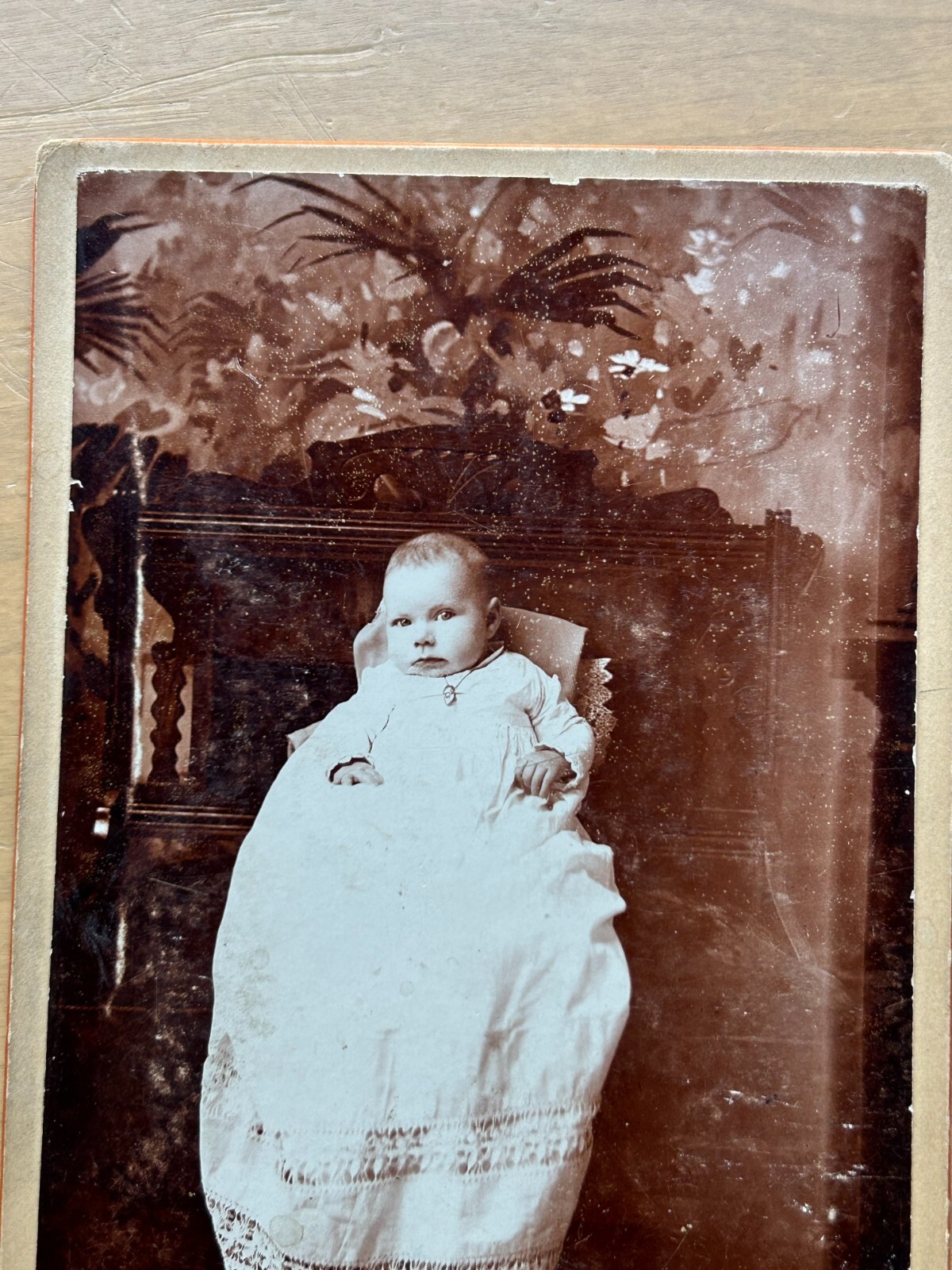 VTG Cabinet Card Sepia Photo Baby in White Christening Gown w/ Lace Eyelets Minn