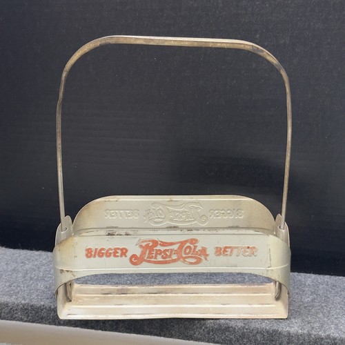 Vtg Pepsi-Cola Double Dot 6-Pack Glass Bottle Metal Carrier Bigger Better Orig - Picture 4 of 14