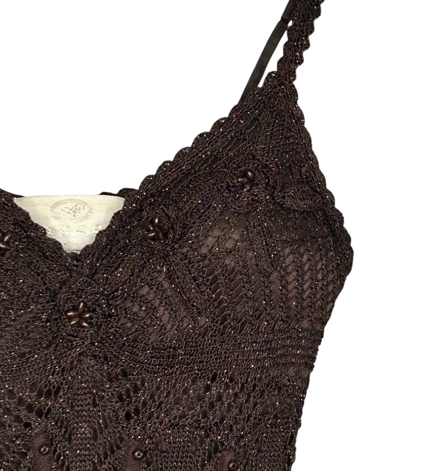 Vestido sin Mangas Aspeed Babydoll Crochet XS Y2k Boho Chic Marrón Con Cuentas Midi Fiesta Baile de graduación Foto 4 de 4