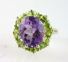 Natural Amethyst and Peridot Gemstone Stone Ring 925 Silver, 6.96 Cts, Size 8