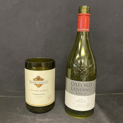 2 Wine Bottle Art Cut Bottles - 1 Kendall Jackson Cup & 1 Oxford Landing Top