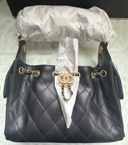 New 26S CHANEL 25 MINI Bag Black Caviar Leather Mini Hobo Tote Gold HDW RECEIPT