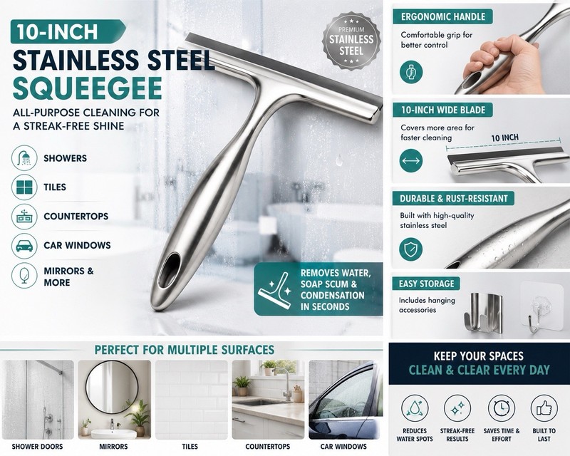 10in Stainless Steel Squeegee, Ergonomic Handle, Rust-Resistant, Streak-Free
