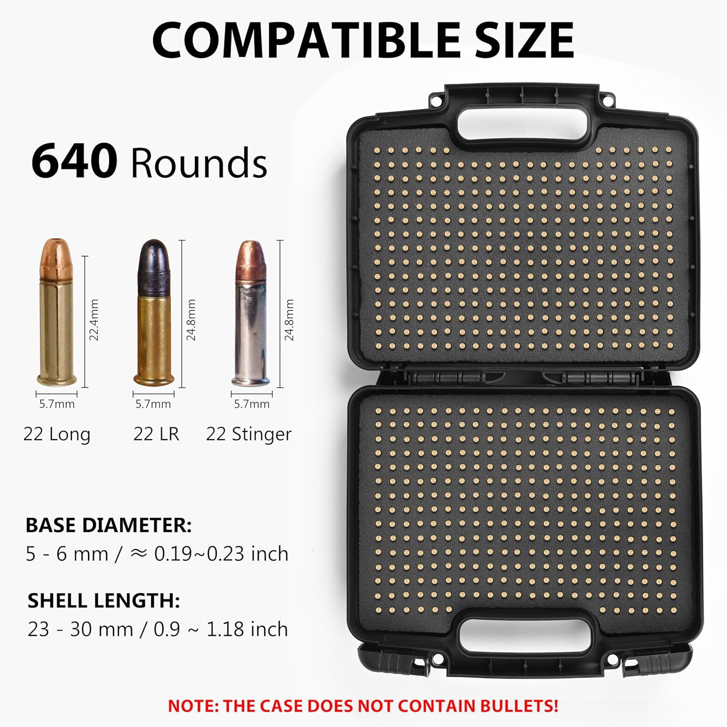 640 Rounds 22LR Ammo Case, Portable Hard Ammo Storage Box, Lockable Travel Bulle