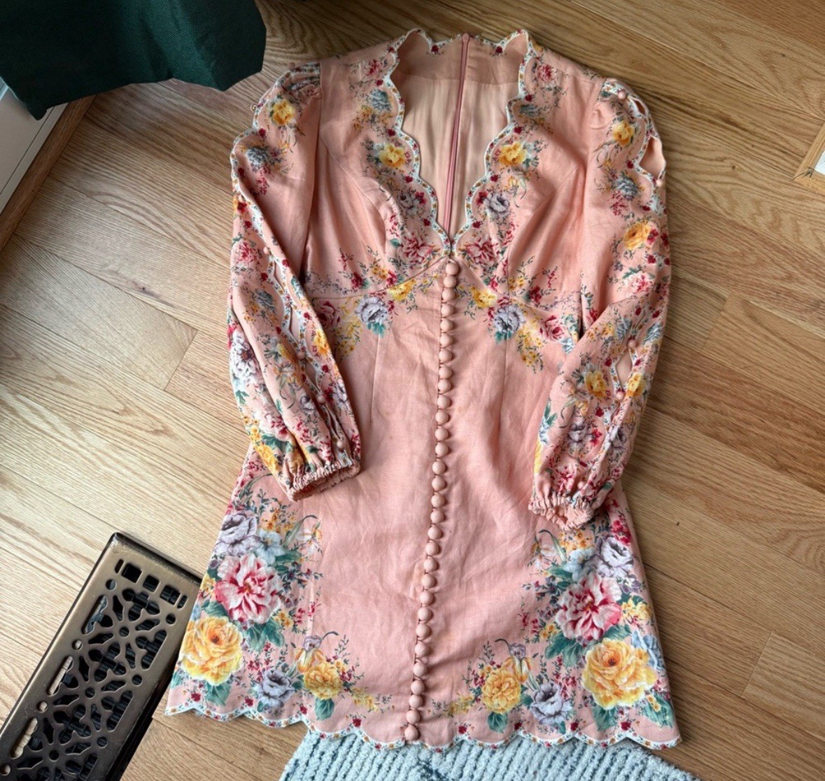 Zimmermann Zinnia Scallop Mini Dress Pink Floral Size 0 Linen Cotton