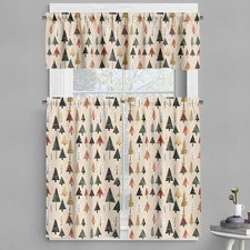 Christmas Valance and Curtain 3 pcs Set, Modern Abstract Pine Trees Xmas
