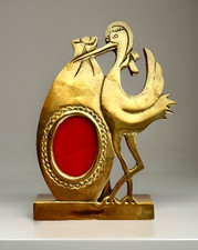 Small Vintage Solid Brass Picture Frame, Stork with Baby