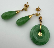 Chinese Jade Earrings & Pendant 14K Yellow Gold 7.6g