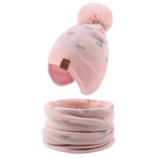 Knitted Baby Hat Scarf Set Winter Warm Beanie Fleece Lining Pompom for Kids
