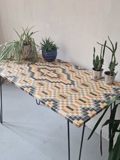 Retro Kilim Style Mosaic Table Desk with Hairpin Legs 123x61cm Linoleum Table