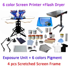 6 Color 6 Station Full Set Material Kit Screen Printing Press & Flash Dryer Kit