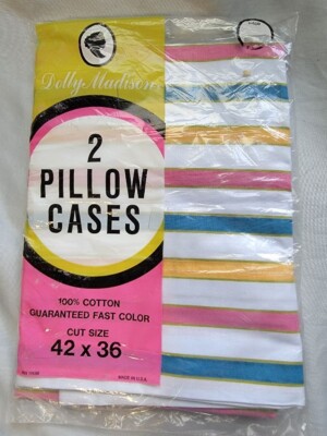 Vintage Set of 2 Dolly Madison Pillow Cases 100% Cotton 60s MCM Striped Colors