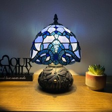 Tiffany Style Mini Table Lamp Blue Stained Glass Baroque Style Lavender 8"W 12"H