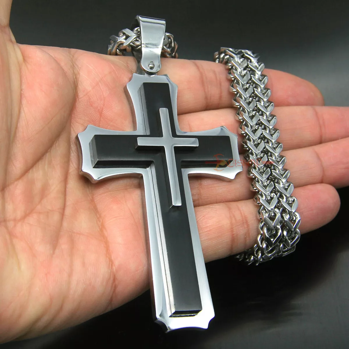 Huge Solid Silver Black Stainless Steel Cross Necklace Pendant