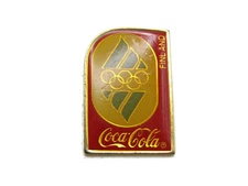 Coca Cola & Olympic Rings Pin Red Yellow & Gold Tone