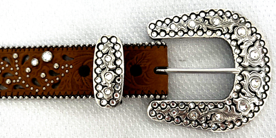 JUSTIN Tooled Leather Belt with Rhinestone Buckle JUSTIN Belt Brown/Pink Floral Tooled Leather Oval Crystal  main image 4