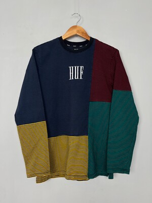 HUF Stripped Men Multicolor Y2K Cotton Big Logo Long Sleeve Sweatshirt Size M