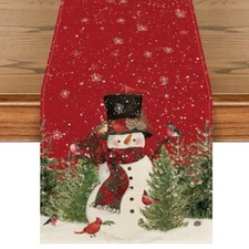 Snowman Christmas Birds Trees Table Runner, Table Runner, 13" x 72" Red