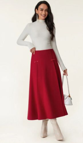 OGL CashSoft Wool-like Frog Button A-Line Midi Skirt - Red Flame Size 2XL