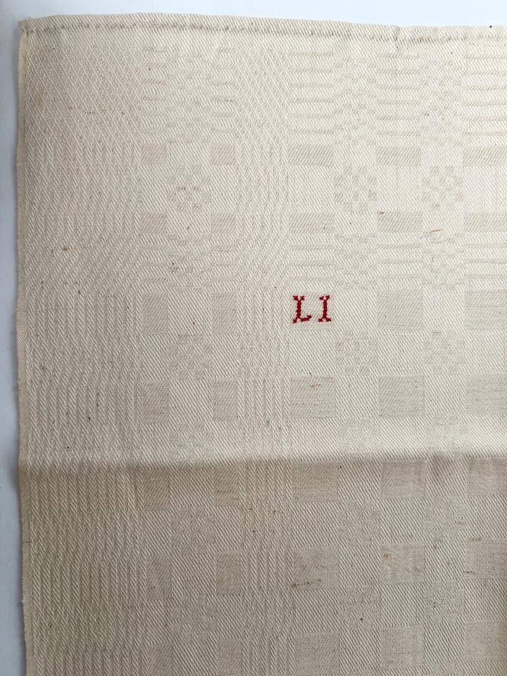 6 serviettes de table 1900 - 1930, lin damassé écru Initiales LI, linge table - Photo 4/4