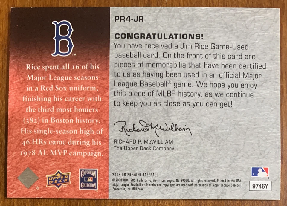 Jim RICE 2008 UD Premier Remnants 4 Quad Jsy Relic #PR4-JR 10/50 NM HOF Red Sox - Image 2 of 2
