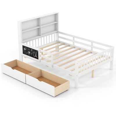 Full Size Bed Frame with 2 Drawers Bookcase & Blackboard Full-length Guardrails