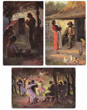 3 Tuck's German Peasant Life Postcards The Harvest Dance A Happy Homestead etc.