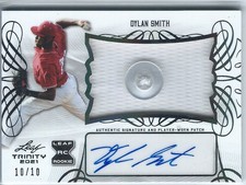 Dylan Smith 2021 Leaf Trinity Patch Autographs Black Rookie Button Card, #10/10. rookie card picture