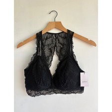 Auden Womens Black Lace Lightly Lined Plunge Bralette Racerback Keyhole Size L